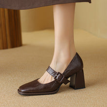 Load image into Gallery viewer, Women's Sheepskin Mary Jane Heels – Square Toe Chunky Heel Buckle Pumps
