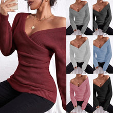 Load image into Gallery viewer, Women's Off-Shoulder Crossover Knit Sweater – Slim Fit Long Sleeve
