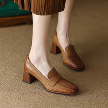 Load image into Gallery viewer, Women's Sheepskin Square Toe Chunky Heel Pumps – Retro High Heel Dress Shoes
