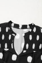 Load image into Gallery viewer, Black Polka Dot Print Smocked Notched Neck Balloon Sleeve Blouse
