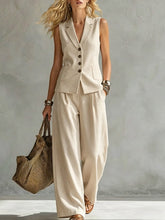 Load image into Gallery viewer, Women's Solid Linen Sleeveless Tank Top &amp; Full-Length Pants Set
