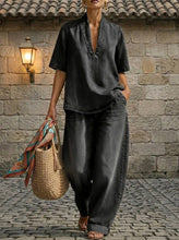 Load image into Gallery viewer, Retro V-Neck Washed Denim Top &amp; Wide-Leg Pants Set – 3 Colors, S–3XL
