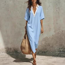 Load image into Gallery viewer, Women's V-Neck Loose Cropped-Sleeve Linen Midi Dress with Pockets
