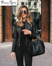 Load image into Gallery viewer, MANDOTOS Chic Faux Leather Zip Up Jacket For Women In Black Or Brown, Versatile Outerwear
