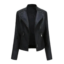 Load image into Gallery viewer, Mandotos Chic Feminine Black Leather Coat With Zipper Pockets And Biker Style Details
