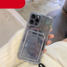 Load image into Gallery viewer, Clear Holographic Love Heart Pattern Cute Case with Card Holder Love Gradient Transparent Soft Case For iPhone 14 13 11 12 Pro Max Mini  X XS XR 7 8 Plus Wallet Card Holder Cover
