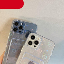 Load image into Gallery viewer, Clear Holographic Love Heart Pattern Cute Case with Card Holder Love Gradient Transparent Soft Case For iPhone 14 13 11 12 Pro Max Mini  X XS XR 7 8 Plus Wallet Card Holder Cover
