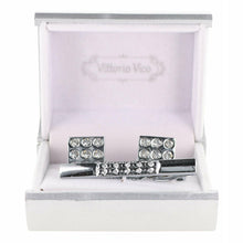 Load image into Gallery viewer, Vittorio Vico Silver Rhinestone Cufflinks &amp; Tie Bar Set
