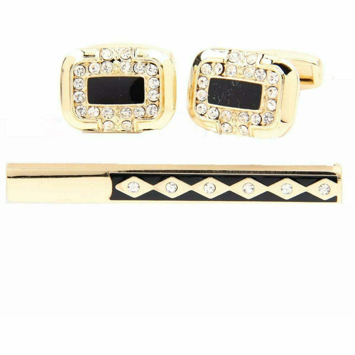 Vittorio Vico Gold Rhinestone Cufflinks & Tie Bar Set