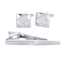 Load image into Gallery viewer, Vittorio Vico Silver Rhinestone Cufflinks &amp; Tie Bar Set
