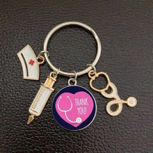 Load image into Gallery viewer, Creative Doctor Keychain Unique Personality Syringe Stethoscope Pendant Keychain Cartoon Colorful Handbag Pendant Keychain Doctor Injection Stethoscope Picture Keychain Round Dome Pendant Women Alloy Keychain
