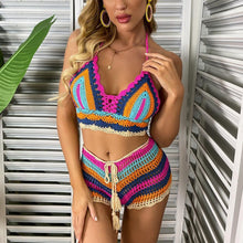 Load image into Gallery viewer, Crochet Bikini Sets Multi Color Knitted Rainbow Striped Off Shoulder Top Bottom Bikini Women's Crochet Striped Lace Up  Shorts Bikini Set 2 PCS Knit Bathing Suit Swimsuit Beachwear Bathing Suit Women Swimsuit
