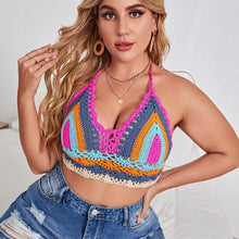 Load image into Gallery viewer, Crochet Bikini Sets Multi Color Knitted Rainbow Striped Off Shoulder Top Bottom Bikini Women's Crochet Striped Lace Up  Shorts Bikini Set 2 PCS Knit Bathing Suit Swimsuit Beachwear Bathing Suit Women Swimsuit
