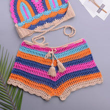 Load image into Gallery viewer, Crochet Bikini Sets Multi Color Knitted Rainbow Striped Off Shoulder Top Bottom Bikini Women's Crochet Striped Lace Up  Shorts Bikini Set 2 PCS Knit Bathing Suit Swimsuit Beachwear Bathing Suit Women Swimsuit

