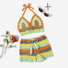 Load image into Gallery viewer, Crochet Bikini Sets Multi Color Knitted Rainbow Striped Off Shoulder Top Bottom Bikini Women's Crochet Striped Lace Up  Shorts Bikini Set 2 PCS Knit Bathing Suit Swimsuit Beachwear Bathing Suit Women Swimsuit
