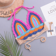 Load image into Gallery viewer, Crochet Bikini Sets Multi Color Knitted Rainbow Striped Off Shoulder Top Bottom Bikini Women's Crochet Striped Lace Up  Shorts Bikini Set 2 PCS Knit Bathing Suit Swimsuit Beachwear Bathing Suit Women Swimsuit
