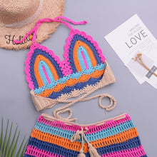 Load image into Gallery viewer, Crochet Bikini Sets Multi Color Knitted Rainbow Striped Off Shoulder Top Bottom Bikini Women's Crochet Striped Lace Up  Shorts Bikini Set 2 PCS Knit Bathing Suit Swimsuit Beachwear Bathing Suit Women Swimsuit
