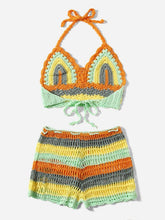 Load image into Gallery viewer, Crochet Bikini Sets Multi Color Knitted Rainbow Striped Off Shoulder Top Bottom Bikini Women's Crochet Striped Lace Up  Shorts Bikini Set 2 PCS Knit Bathing Suit Swimsuit Beachwear Bathing Suit Women Swimsuit
