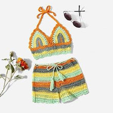 Load image into Gallery viewer, Crochet Bikini Sets Multi Color Knitted Rainbow Striped Off Shoulder Top Bottom Bikini Women's Crochet Striped Lace Up  Shorts Bikini Set 2 PCS Knit Bathing Suit Swimsuit Beachwear Bathing Suit Women Swimsuit
