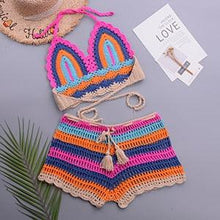 Load image into Gallery viewer, Crochet Bikini Sets Multi Color Knitted Rainbow Striped Off Shoulder Top Bottom Bikini Women's Crochet Striped Lace Up  Shorts Bikini Set 2 PCS Knit Bathing Suit Swimsuit Beachwear Bathing Suit Women Swimsuit
