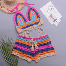 Load image into Gallery viewer, Crochet Bikini Sets Multi Color Knitted Rainbow Striped Off Shoulder Top Bottom Bikini Women's Crochet Striped Lace Up  Shorts Bikini Set 2 PCS Knit Bathing Suit Swimsuit Beachwear Bathing Suit Women Swimsuit
