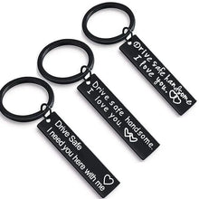 Load image into Gallery viewer, Cute Black Stainless Steel Charm Couple Drive Safe Keychain Gift for Boyfriend &amp; Girlfriend

