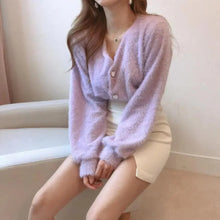Load image into Gallery viewer, Cute Kitty Chic Fashionable V-Neck Single Breasted Mink Short Knitted Sweaters Outerwear For Women Autumn Long Sleeve Sweater Coat
