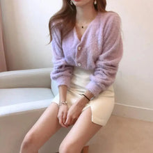 Load image into Gallery viewer, Cute Kitty Chic Fashionable V-Neck Single Breasted Mink Short Knitted Sweaters Outerwear For Women Autumn Long Sleeve Sweater Coat
