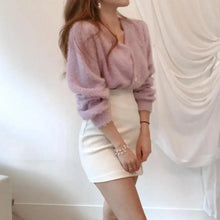 Load image into Gallery viewer, Cute Kitty Chic Fashionable V-Neck Single Breasted Mink Short Knitted Sweaters Outerwear For Women Autumn Long Sleeve Sweater Coat
