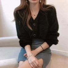 Load image into Gallery viewer, Cute Kitty Chic Fashionable V-Neck Single Breasted Mink Short Knitted Sweaters Outerwear For Women Autumn Long Sleeve Sweater Coat
