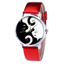 Load image into Gallery viewer, Cute White And Black Cats Couple Watches With PU Leather Strap And Round Dial Quartz Watches For Women Cat Dial With Stainless Steel Mesh Band Genuine Leather Strap Comfortable Ladies Wristwatch
