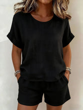 Load image into Gallery viewer, Women's Relaxed Cotton-Linen Cuffed Sleeve Top &amp; Shorts Two-Piece Set
