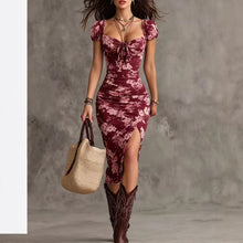 Load image into Gallery viewer, Women's Vintage Puff-Sleeve High-Waist Split Maxi Dress
