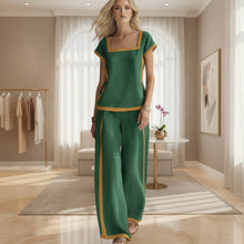 Load image into Gallery viewer, Women's Linen-Style Square Neck Cap Sleeve Top &amp; Wide-Leg Pants Set with Contrast Trim
