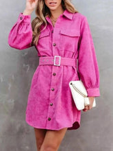 Load image into Gallery viewer, Stylish Button Front Belt Long Sleeve : Corduroy Dress
