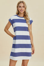 Load image into Gallery viewer, Full Size Striped Round Neck Cap Sleeve Mini Dress For Women – Striped Mini Dress, Full-Size Round Neck Dress, Comfortable Cap Sleeve Dress, Chic Striped Dress, Flattering Mini Dress, Casual Everyday Dress, Versatile Striped Dress
