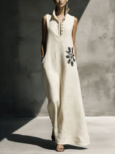 Load image into Gallery viewer, Women's Cotton Linen Mandarin Collar Maxi Dress – Graphic Print with Pockets

