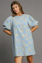Load image into Gallery viewer, Floral Blue Jacquard Puff Sleeve Mini Dress Elegant Vintage-Inspired Dress for Women
