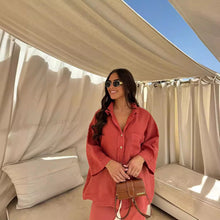 Load image into Gallery viewer, Casual Polyester Pocket Shirt Pants Suitable For Women's Wide Leg Pants, Long Sleeved Shirt Set, Women's Loose High Street Two-piece Set
