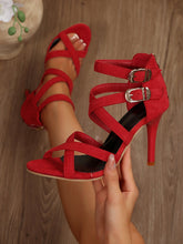 Load image into Gallery viewer, Women's Suede Stiletto Sandals | Pointed-Toe Ankle Strap Hollow-Out Heels in Red | Summer 2026
