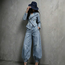 Load image into Gallery viewer, Women's Washed Distressed Denim Asymmetric Double-Breasted Jacket &amp; Balloon-Leg Trouser Set
