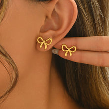 Load image into Gallery viewer, Lxalry 18K Gold Plated Bow Earrings Symmetrical Mirror Finish Stainless Steel Jewelry Hypoallergenic Tarnish Free Luxury Gift for Women Wife Mom Handcrafted Everyday Special Occasion Elegance
