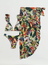 Load image into Gallery viewer, Bloom Breeze 3-Piece Bikini Set – Elegant High Cut Floral Fluttering Swimsuit with Lettuce Trim Tie Back Bandeau and Coordinating Cover Up Skirt – Women&#39;s Romantic Swimwear for Beach &amp; Resort Vacations
