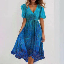 Load image into Gallery viewer, Floral Print A-Line Dress – V-Neck Short Sleeve Midi Dress
