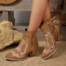 Load image into Gallery viewer, Western Fringe Point Toe : Block Ankle Heel Boots
