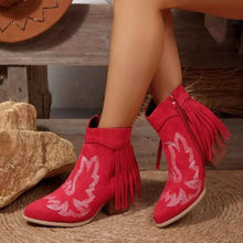 Load image into Gallery viewer, Western Fringe Point Toe : Block Ankle Heel Boots
