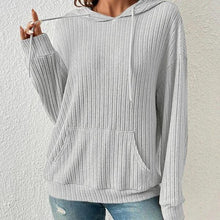 Load image into Gallery viewer, Mandotos Womens Knit Hoodie Sweatshirt With Pockets Drawstring Long Sleeve Solid Sunken Stripe Knitwear
