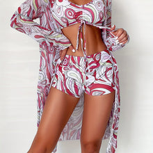 Load image into Gallery viewer, Modern Geo 3-Piece Bikini Set – Vibrant Geometric Print Fluttering Swimwear with V-Neck Top Boxer Shorts Bottoms and Long Sleeve Cover Shirt – Comfortable High-Stretch Women’s Beachwear for Pool &amp; Summer Vacations
