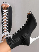 Load image into Gallery viewer, Canvas Lace-Up Peep Toe : Stiletto Ankle Boots
