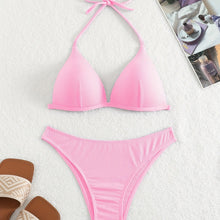 Load image into Gallery viewer, Bikini Rib Knit Solid Color Triangle 2 Piece Swimsuit for Women – Adjustable Tie Back Halter Bikini Set with Spaghetti Straps – High Stretch Polyester Swimwear for Summer Beachwear Poolside Relaxation and Tropical Vacation
